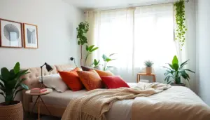 A cozy bedroom features a neatly made bed with colorful pillows and a soft blanket, surrounded by houseplants. Sunlight filters through sheer curtains by the window, highlighting the playful touch of colorful kids decor amidst minimalist accents on the walls. 10 Affordable Bedroom Refresh Ideas That'll Transform Your Space Instantly!