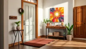 A sunlit entryway with a gray door and vibrant sunburst painting sets a playful tone, enhanced by plants and a wooden console table holding baskets and framed photos. A red rug lies at the entrance, echoing themes from unique kids furniture designs. 14 Affordable Entryway Ideas That'll Make a Stunning First Impression!