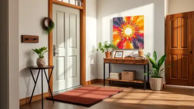 A sunlit entryway with a gray door and vibrant sunburst painting sets a playful tone, enhanced by plants and a wooden console table holding baskets and framed photos. A red rug lies at the entrance, echoing themes from unique kids furniture designs. 14 Affordable Entryway Ideas That'll Make a Stunning First Impression!