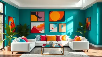 A brightly lit living room with teal walls, colorful abstract artwork, and white sofas adorned with vibrant cushions evokes playful vibes. Large plants surround a glass coffee table on a patterned rug, offering inspiration for unique kids' furniture and creative playroom organization. 18 Accent Wall Ideas That’ll Make Your Home Pop (Get Ready to Be Inspired!)