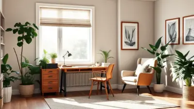 A cozy home office featuring a wooden desk, chair, and lamp embraces sustainable living. Lush plants infuse a biophilic touch while sunlight streams through blinds. Framed botanical art adorns the minimalist walls, reflecting sustainable interior design trends. 18 Home Office Designs That'll Boost Your Productivity (and Style!)