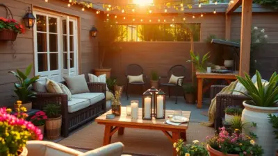 A cozy outdoor patio with wooden furniture, potted plants, and low-energy string lights embodies sustainable living. A table features lanterns and candles as the sun sets in the background, casting an eco-friendly warm glow. 18 Outdoor Decor Ideas That'll Turn Your Patio into a Dreamy Oasis (Get Ready for #9!)