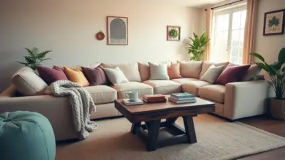 A cozy living room with a large beige sectional sofa, colorful cushions, a wooden coffee table, and potted plants. Unique kids' furniture adds charm in the corner while sunlight streams through the window, illuminating the space. 20 Living Room Ideas That Will Make You Want to Curl Up and Stay Forever!