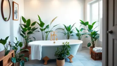 A modern bathroom embraces eco-friendly luxury decor with a white freestanding bathtub surrounded by lush green plants. A towel drapes elegantly over the tub as natural light filters through the window, reflecting sustainable interior design trends. 20 Spa-Like Bathroom Decor Ideas That’ll Make You Feel Like Royalty at Home! (#8 Is Pure Luxury!)