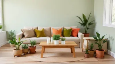 A living room featuring a beige sofa adorned with colorful cushions and a wooden table, surrounded by lush potted plants on a wooden floor, showcases biophilic and minimalist home ideas against a vibrant green wall. Create a Cozy Atmosphere: Discover the Magic of Nature-Inspired Color Schemes!