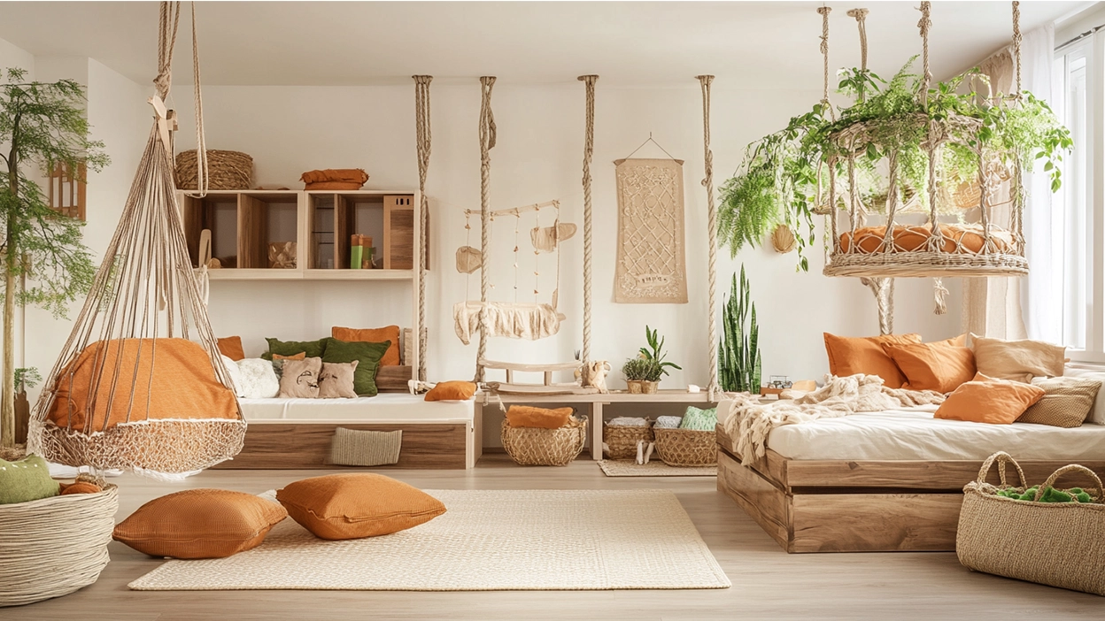 Cozy room with hanging chairs, plants, and wooden furniture featuring sustainable kids decor in orange accents. Natural light fills this kids' space, emphasizing the greenery and neutral tones. From Drab to Fab: 22 Kids Room Ideas That Spark Joy