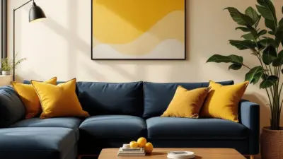 A modern living room with a blue sectional sofa, yellow pillows, and a wooden coffee table sits beneath a vibrant yellow abstract painting. Nearby, embracing elements of colorful kids decor, a floor plant and tall lamp add playful charm.